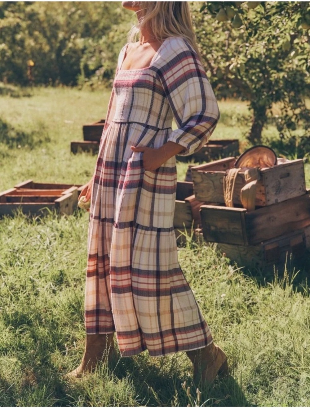 Marine Layer Ivy Smocked Dress in a rose plaid print. S
